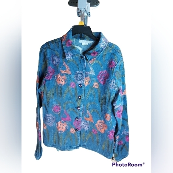 Ann Trinity embroidered denim Jean jacket small 55% linen - Picture 2 of 13